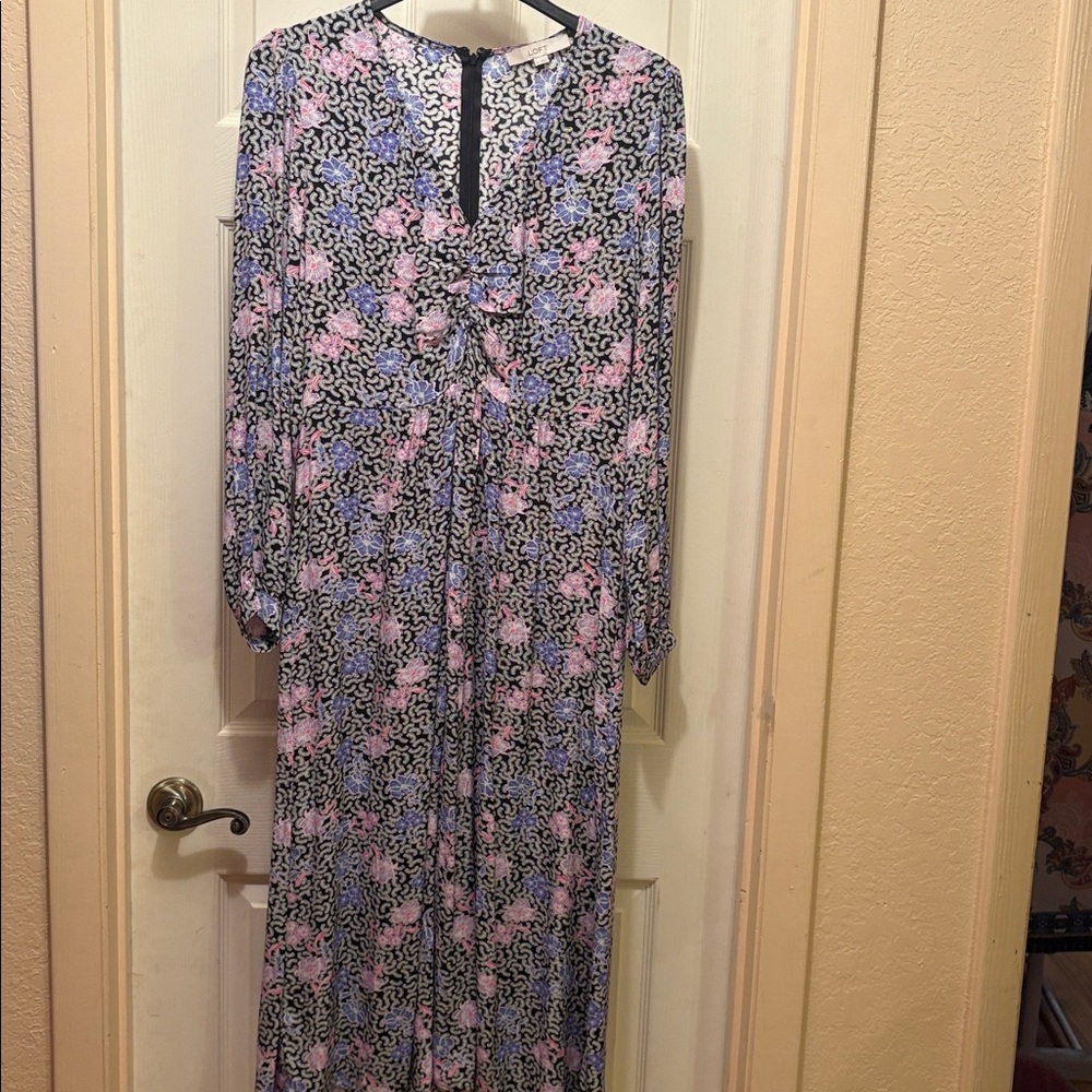 LOFT Pink and Blue Patterned Midi Dress
